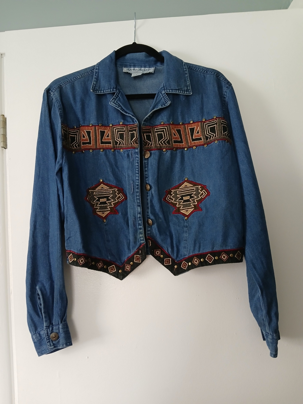 Embroidered Denim Jacket with Southwestern Trim - Blue